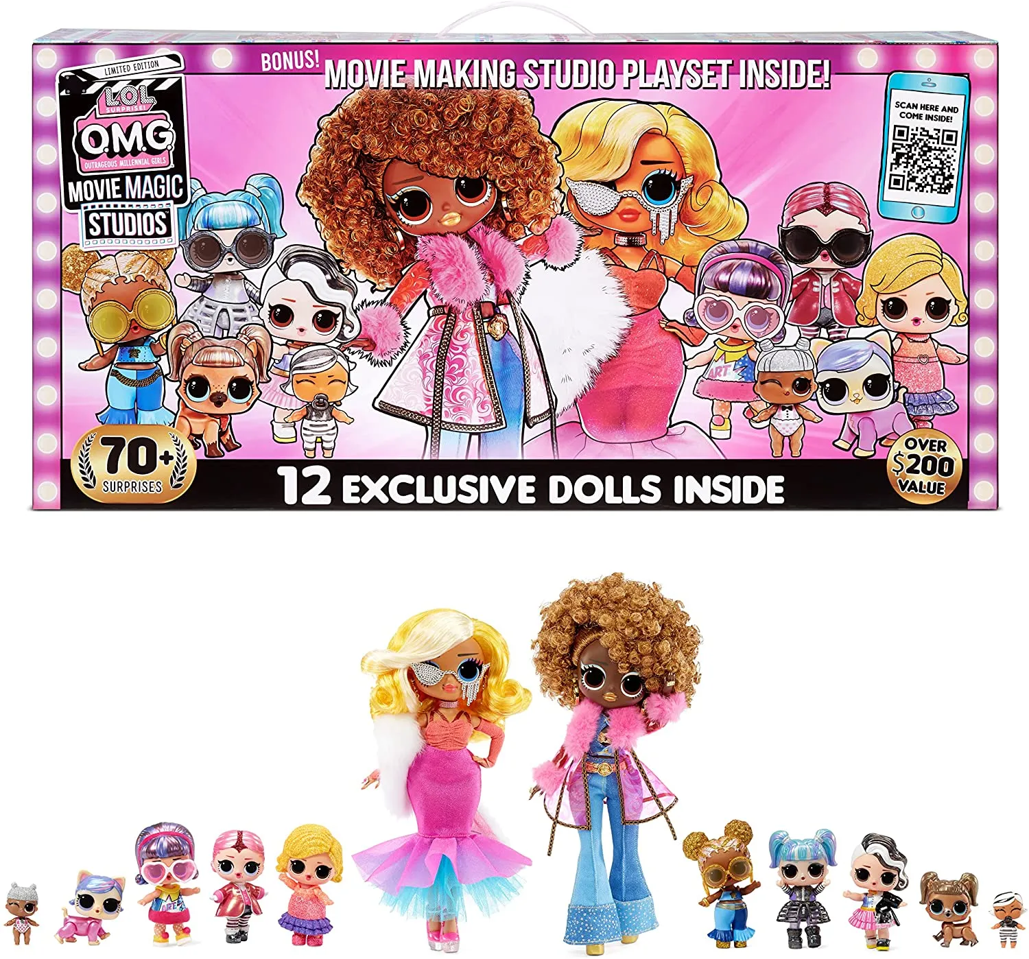 L.O.L. Surprise! 576532EUC LOL OMG Magic Studios-70  Surprises, 12 2 Fashion Dolls, Studio Stages, Green Screen, Phone Tripod, Movie Theater/Set Packaging, Accessories-for Children Ages 4 