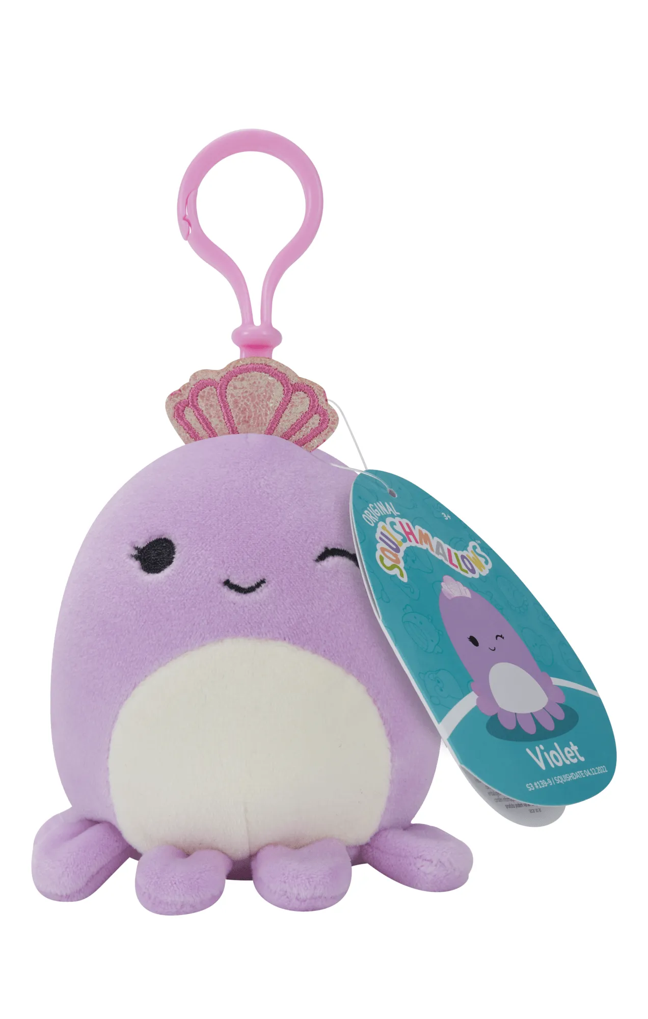 Squishmallows 3.5 Inch Plush S15 Clip On Violet Purple Winking Octopus With Crown